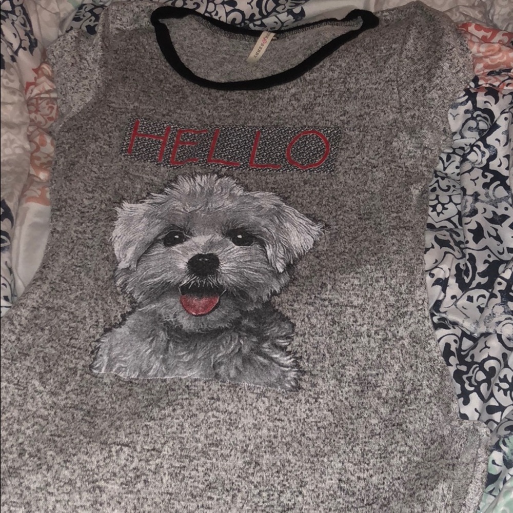 A gray “Hello” shirt with a cute dog on it!